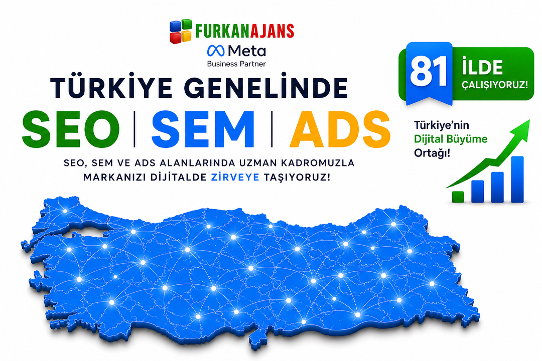 Promotional banner for Turkey-wide SEO, SEM, and ADS services by Furkan Ajans and Meta partner, featuring a blue connected map of Turkey.